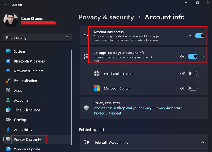 Prevent Apps from accessing your Account Info in Windows 11