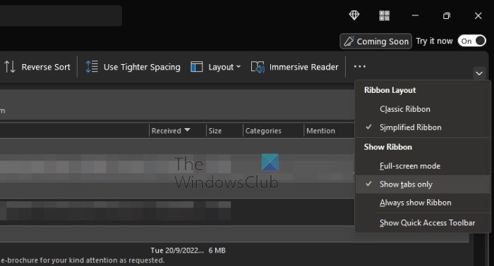 Ribbon show tabs only Outlook