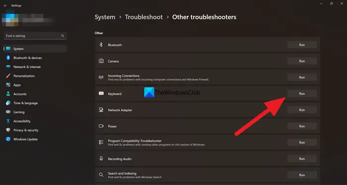 Run Keyboard Troubleshooter on Windows