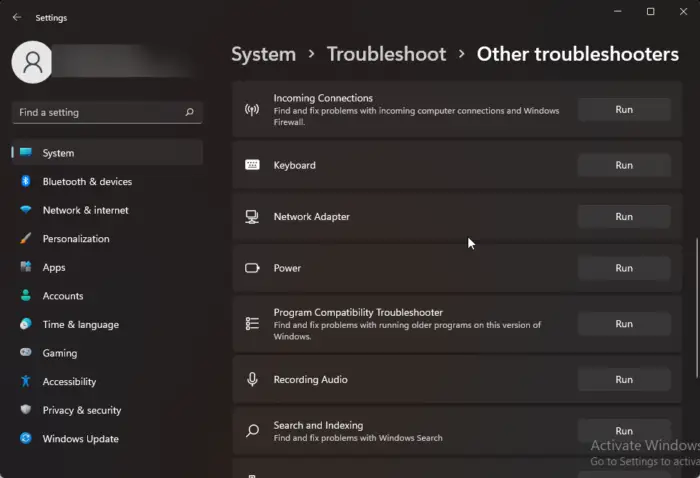 Run Network Adapter troubleshooter