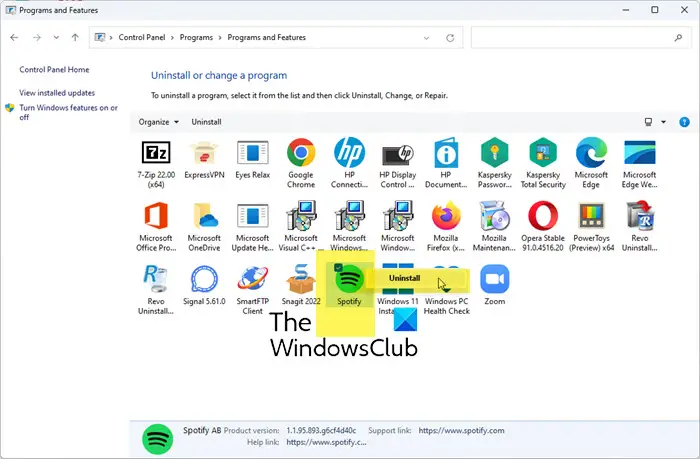Uninstalling Spotify from Control Panel