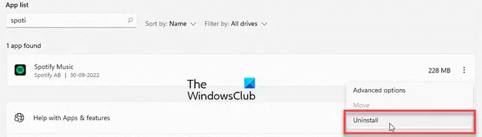 Uninstalling Spotify through Windows Settings