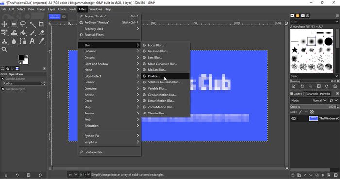 Using the Pixelize filter in GIMP
