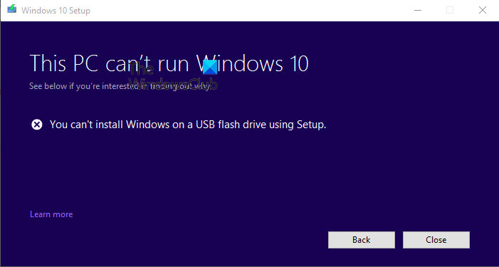 You can't install Windows on a USB flash drive from Setup