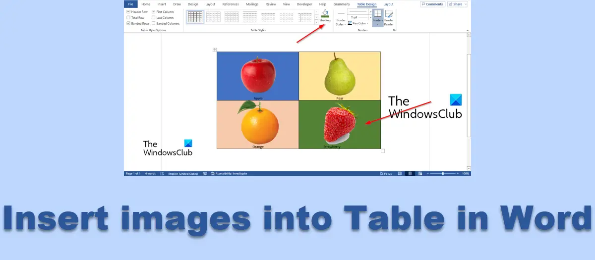 insert images into table in Microsoft Word