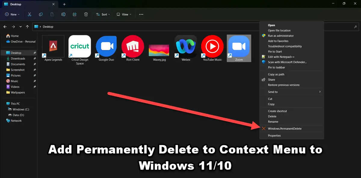 Add Permanently Delete to Context Menu to Windows 11/10