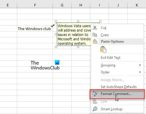 Autofit Comment Box in Excel using Format Comment option