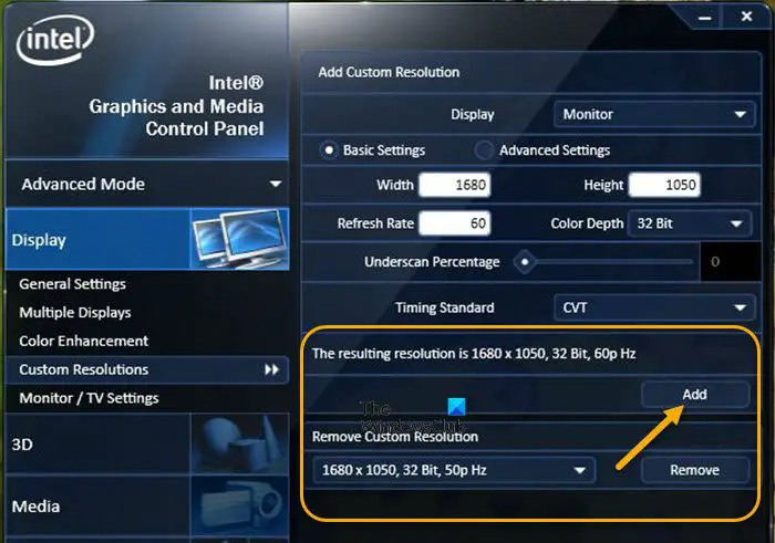 Change screen resolution via graphics card Control Panel