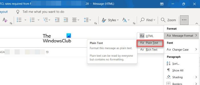 Changing mail format to plain text in Outlook