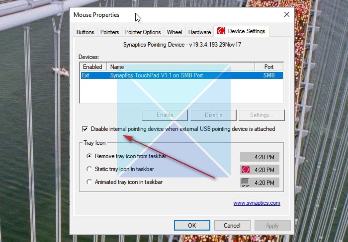 Disable Internal Pointing Device Windows