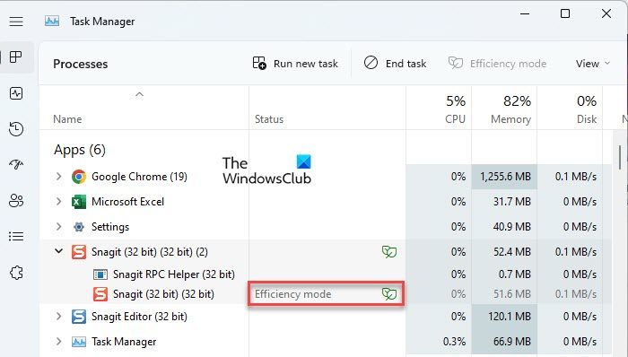 Efficiency mode in Task Manager