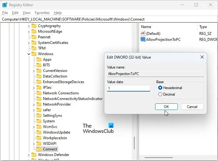 Enabling Projecting to this PC using Registry Editor in Windows 11