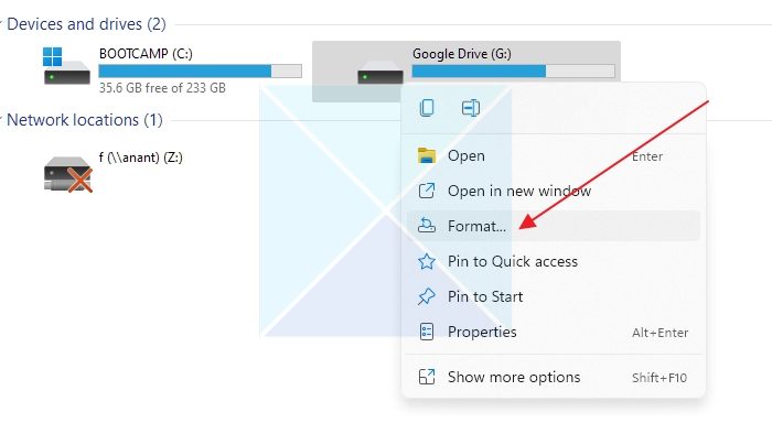 Format option in File Explorer