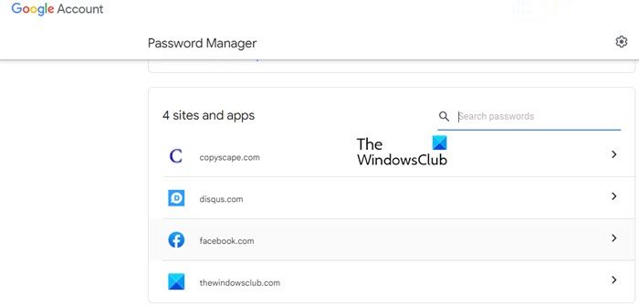Google Password Manager opened in Chrome