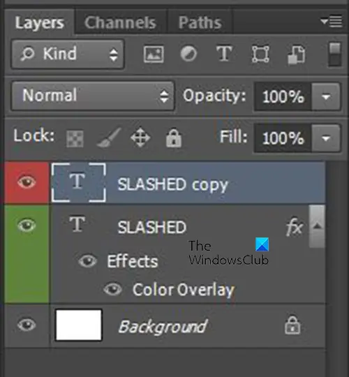 How to create sliced text in Photoshop - method 1 - color coded layers