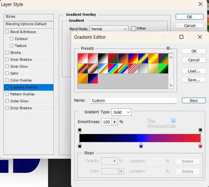 How to warp a gradient with text in Photoshop - Gradient editor