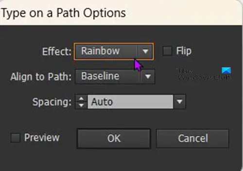 How to write text on a path in Illustrator - Type on path options window