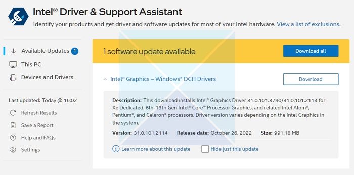 Install Intel Driver using Support Assistant