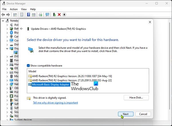 Install Microsoft Basic Display Adapter driver