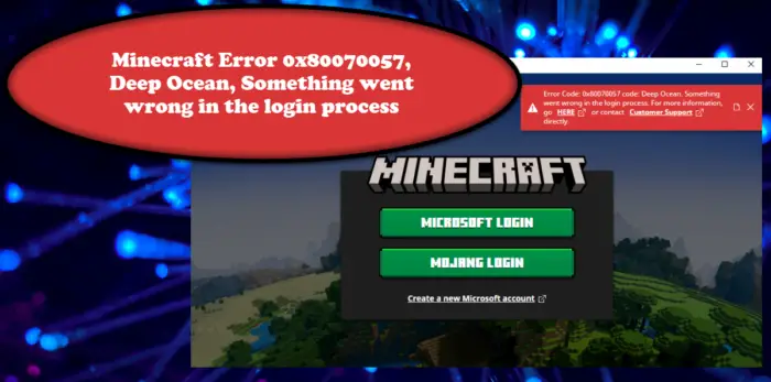 Minecraft Error 0x80070057, Deep Ocean, Something went wrong in the login process