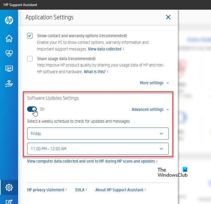 Switching On the Software Update settings in HPSA