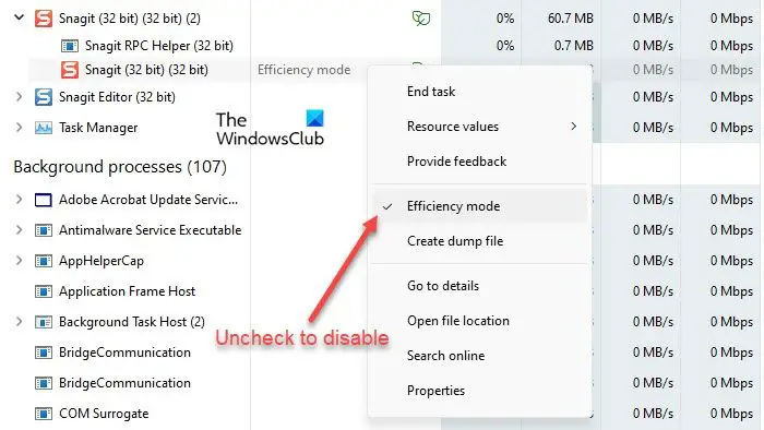 Turning off the Efficiency mode in Windows