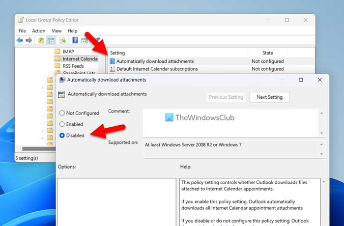 How to allow or block downloading Outlook Calendar attachments automatically
