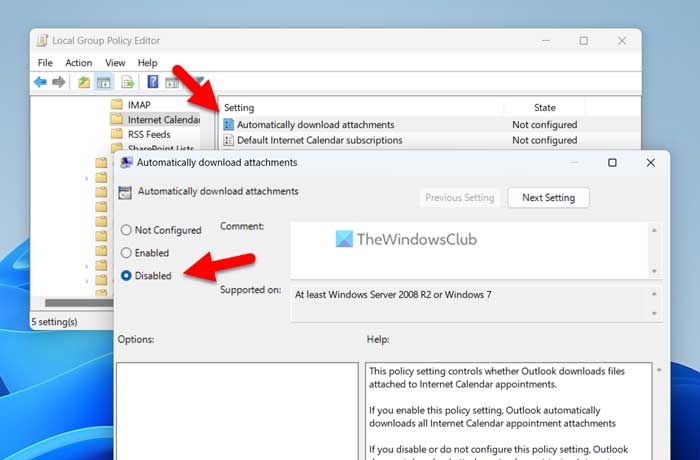 Block downloading Outlook Calendar attachments automatically