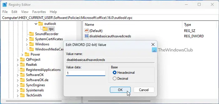 How to configure saving credentials for Basic Authentication in Outlook