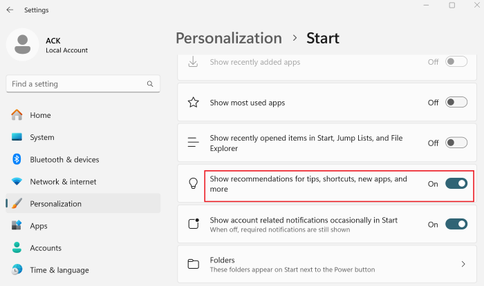 disable ads windows 11 start menu