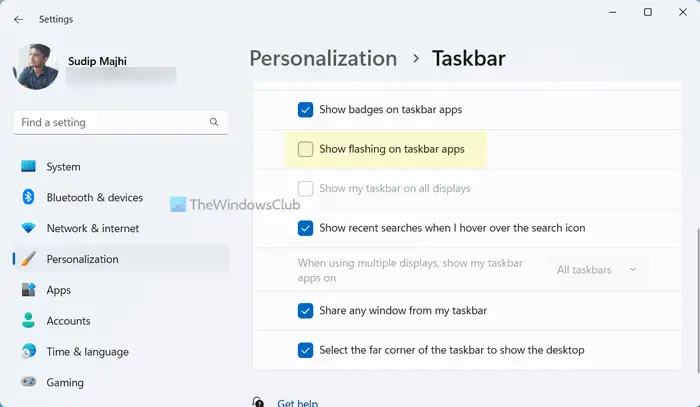 How to enable or disable flashing on Taskbar apps in Windows 11