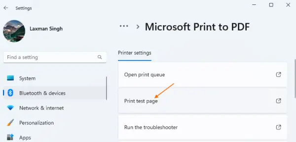 print test page using settings app