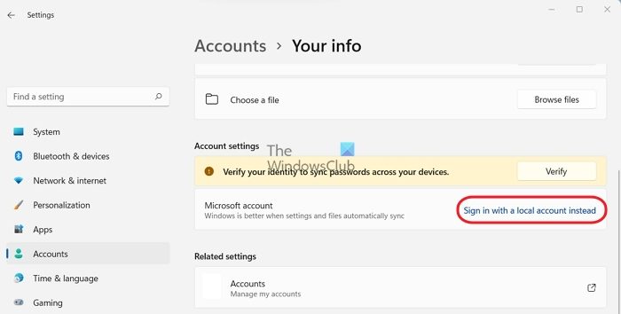 sign in to a local account instead