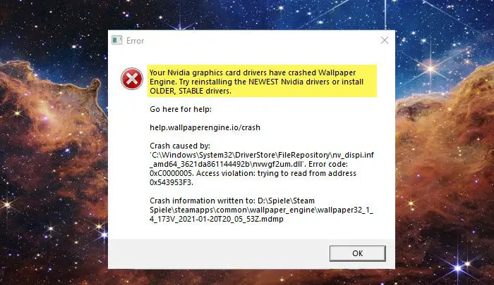 Graphics Card drivers have crashed Wallpaper Engine