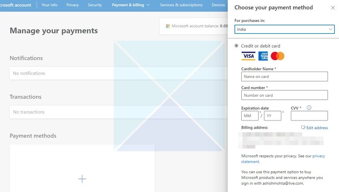 Add Payment Method Microsoft Billling