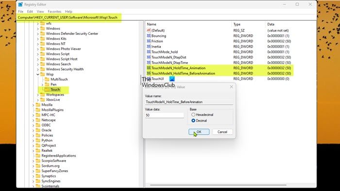 Change Touch Press and Hold Speed & Duration via Registry Editor