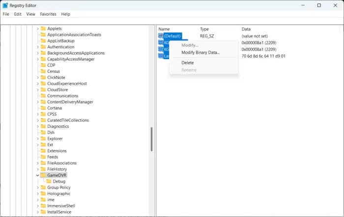 Delete GameDVR Files in the Registry Editor