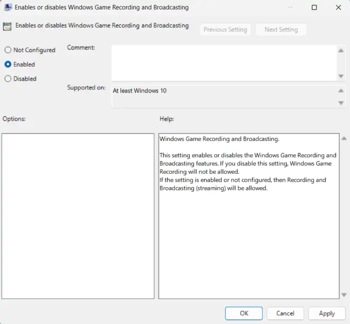 Enable Windows Game Recording and Broadcasting