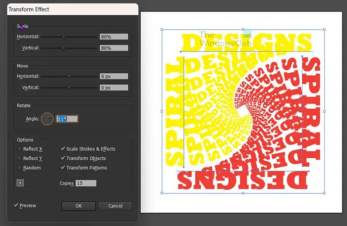 How to create spiral text effect in Illustrator - Transform effect 1