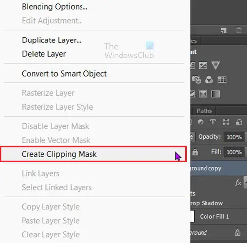 How to place one image into multiple texts in Photoshop - Clipping mask menu