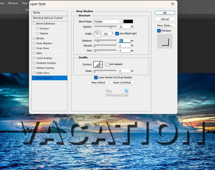 How to place transparent text on an image in Photoshop - Blending option shadow