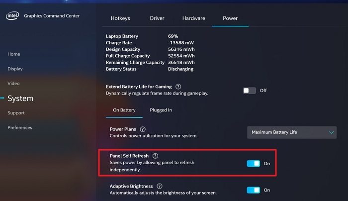 Экран частоты обновления панели Intel
