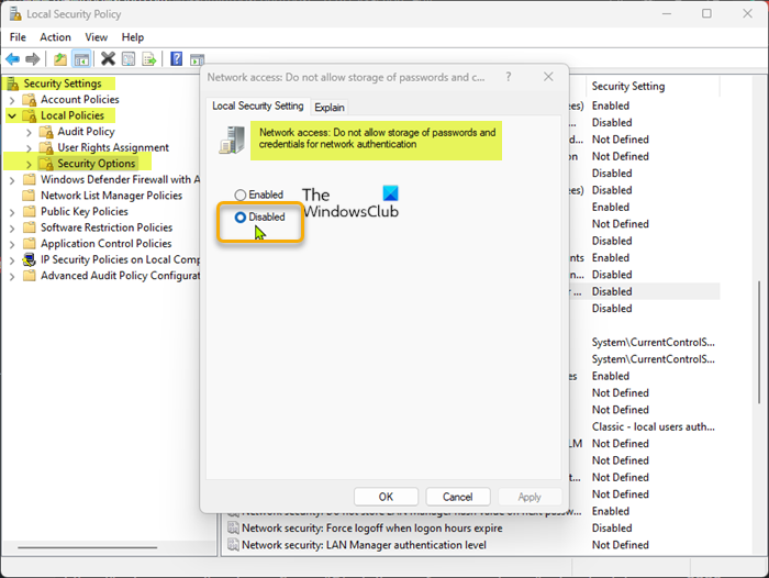 Network access: Do not allow storage of passwords and credentials for network authentication