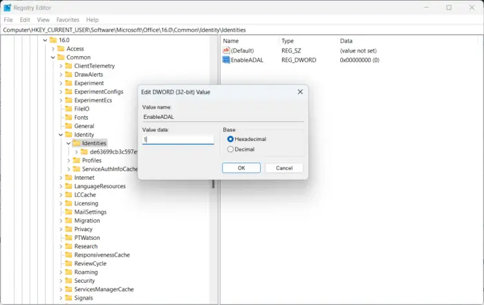 Remove Cached Office Identities in Registry Editor