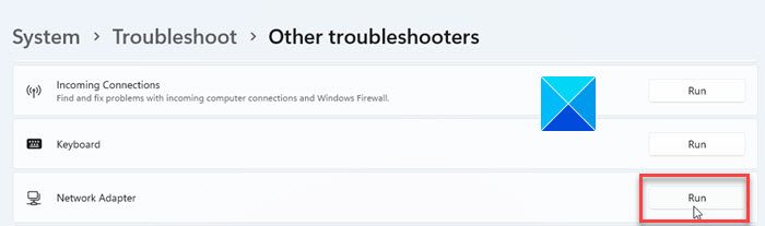 Running Network Adapter troubleshooter