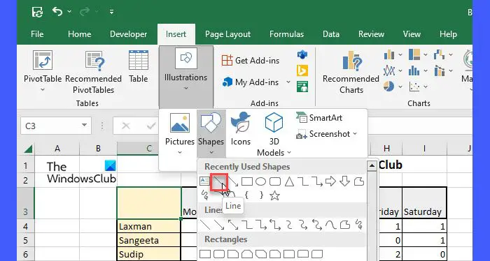 Using Line tool in Excel