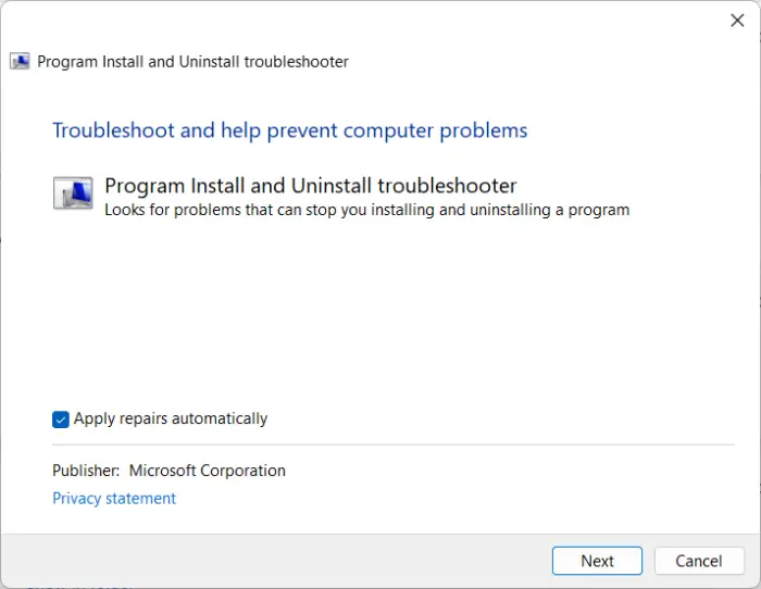 Program Install and Uninstall Troubleshooter