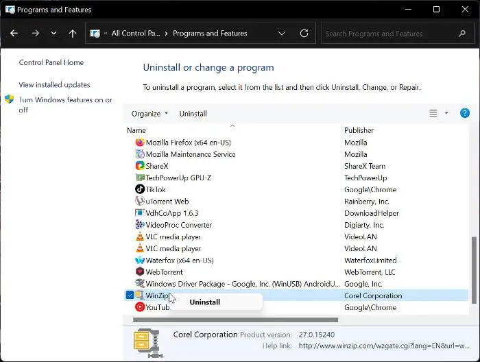 Uninstall WinZip via Control Panel