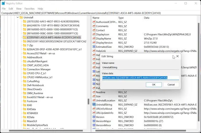 uninstall WinZip via Registry