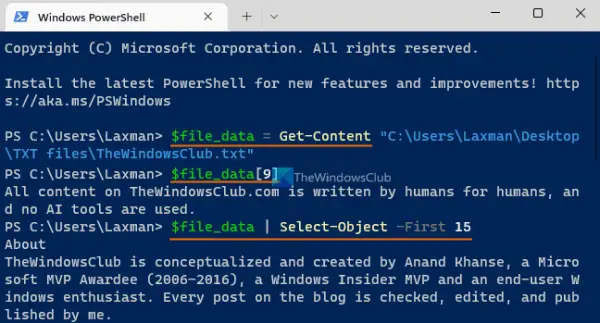 use variable for text file in powershell